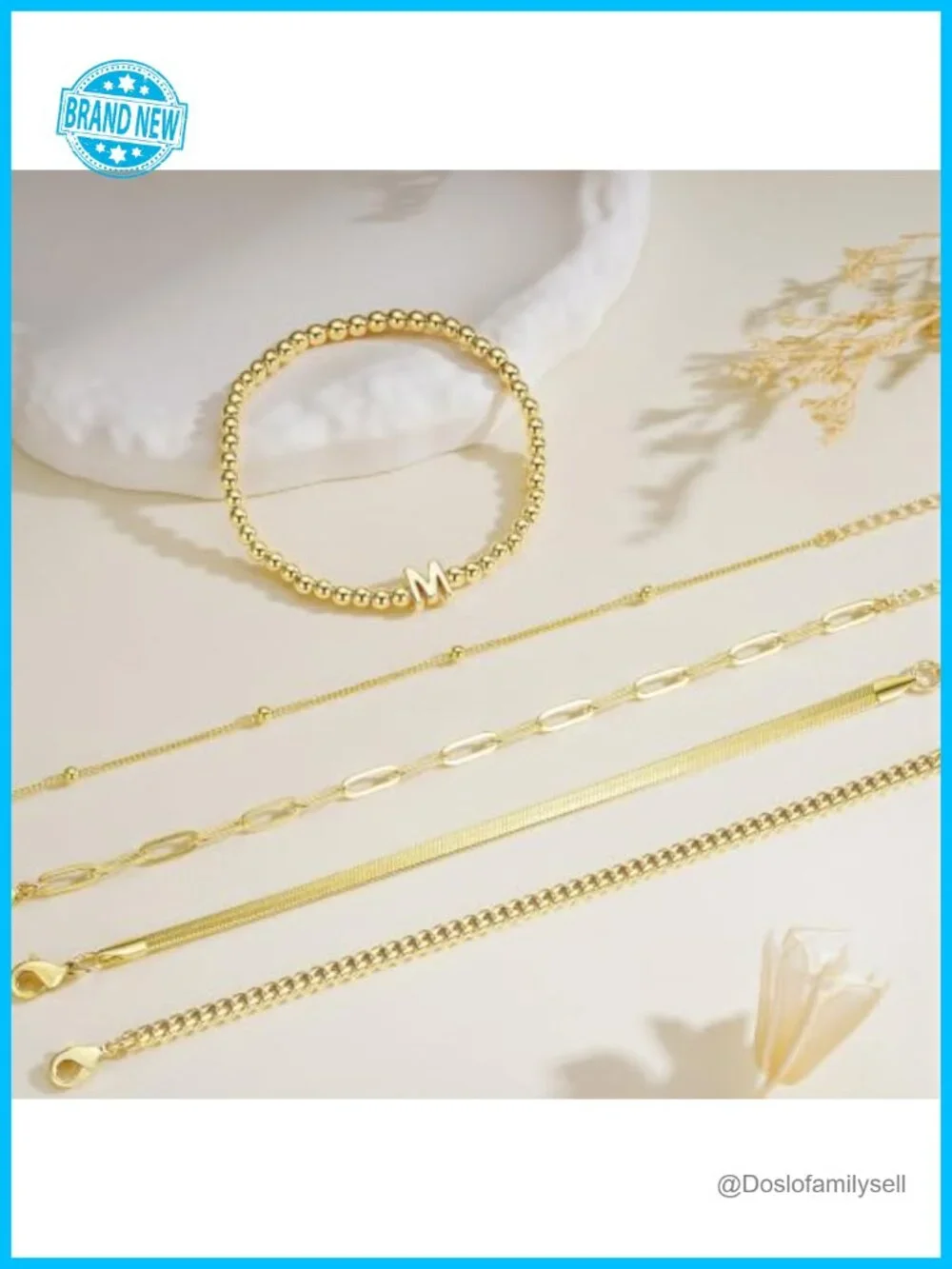14K Gold Plated Initial Bracelet Set, Paperclip Snake Cuban Beaded Chains,